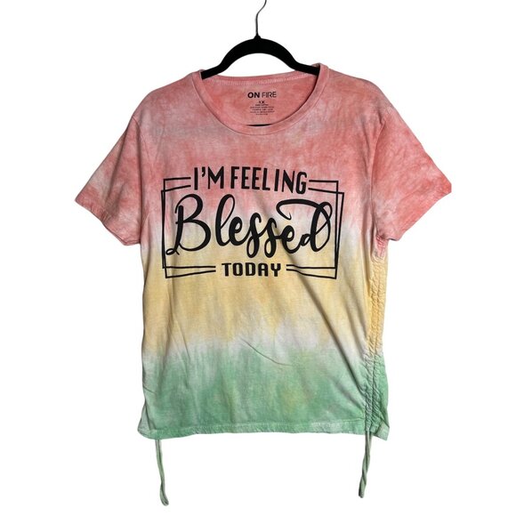 On Fire Womens 1X Shirt Feeling Blessed Adjustable Ruched Sides Tye Dye - Picture 2 of 4